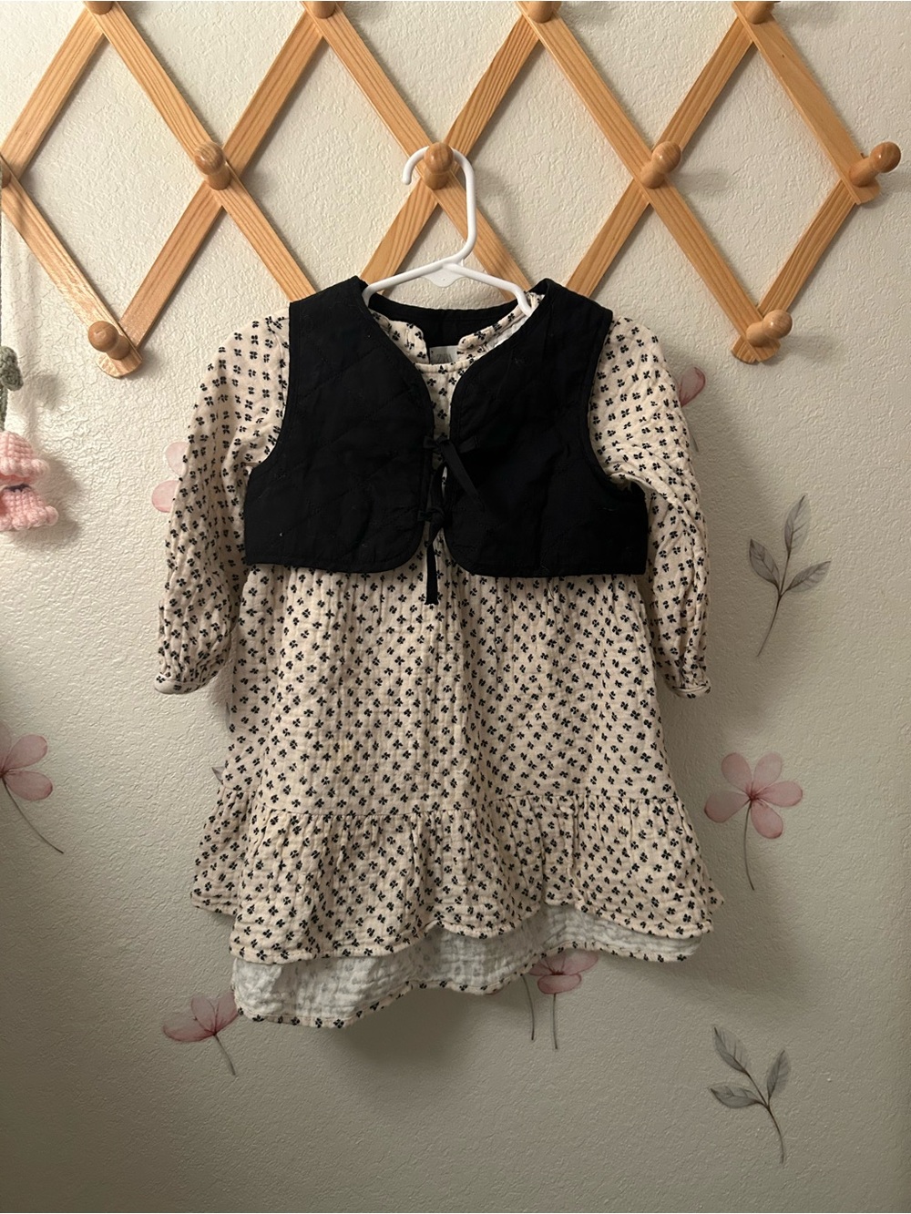 Zara Cream Floral Dress with Black Vest